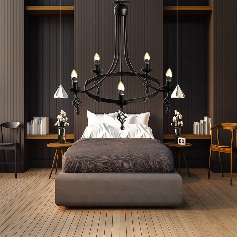 5 Lights Round Chandelier Lamp Country Metal Pendant Black - Rebooters