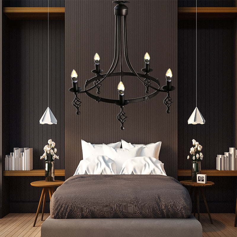 5 Lights Round Chandelier Lamp Country Metal Pendant Black - Rebooters