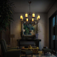 8 Lights Yellow Glass Hanging Chandelier Country Bronze Candle Shaped Living Room Pendant Light Fixture - Rebooters