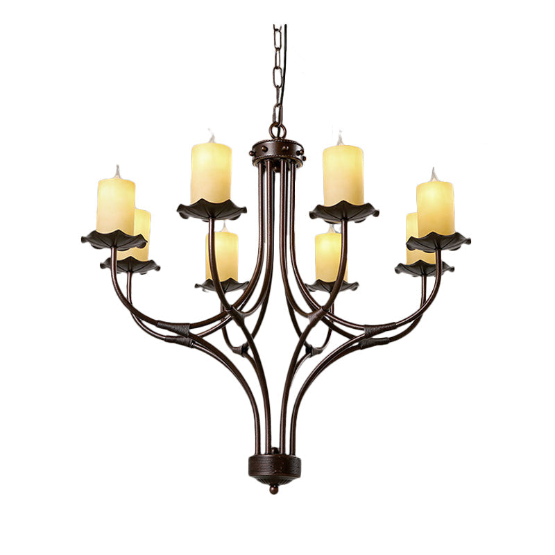 8 Lights Yellow Glass Hanging Chandelier Country Bronze Candle Shaped Living Room Pendant Light Fixture - Rebooters