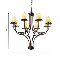 8 Lights Yellow Glass Hanging Chandelier Country Bronze Candle Shaped Living Room Pendant Light Fixture - Rebooters