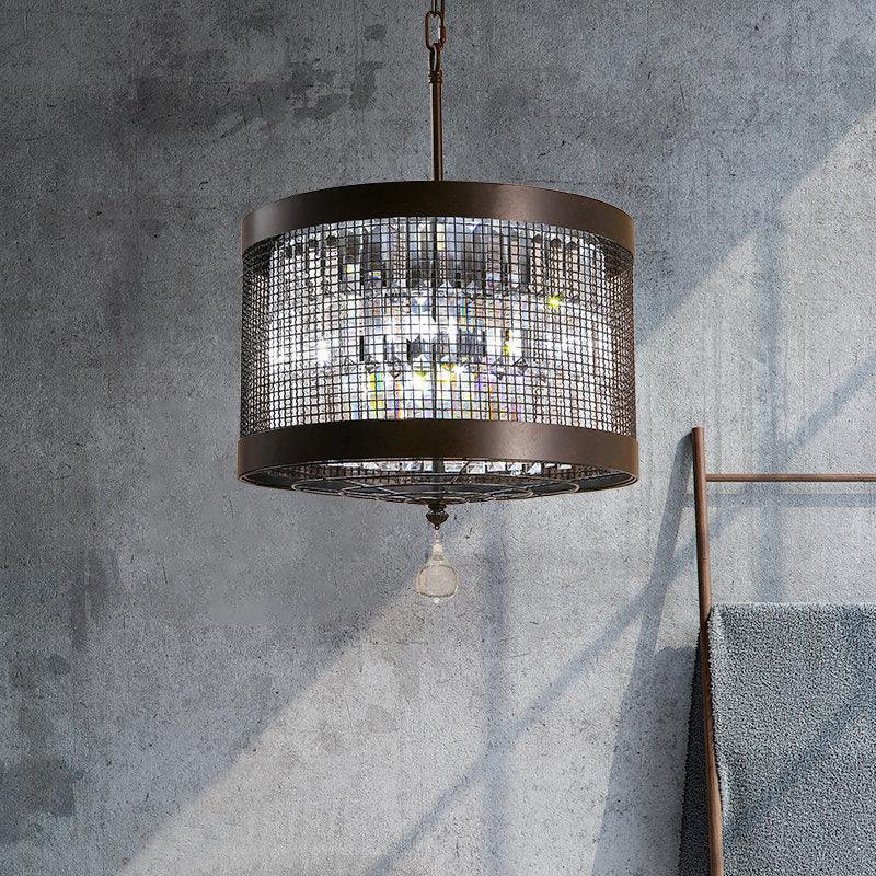 4 Lights Metal Hanging Chandelier Country Black Round Pendant Light Fixture with Crystal Block - Rebooters