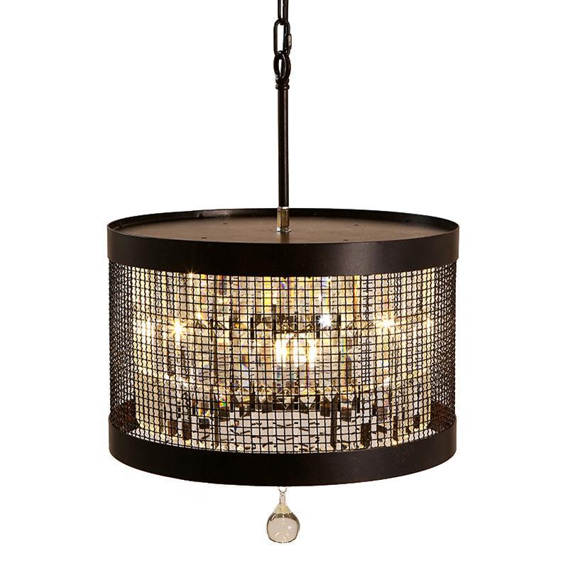 4 Lights Metal Hanging Chandelier Country Black Round Pendant Light Fixture with Crystal Block - Rebooters