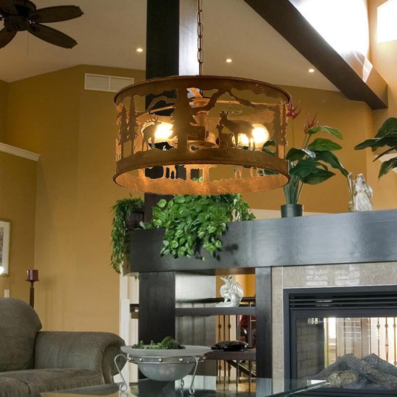 3 Lights Drum Chandelier Vintage Rust Metal Pendant Light - Rebooters