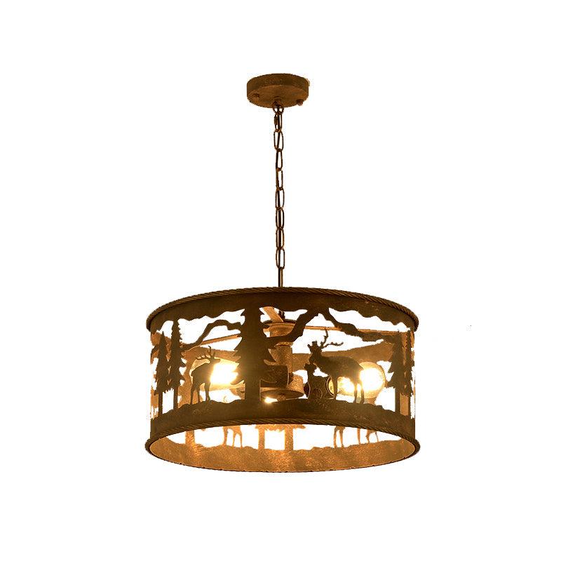 3 Lights Drum Chandelier Vintage Rust Metal Pendant Light - Rebooters