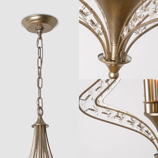 4 Bulbs Tapered Ceiling Chandelier Rustic Crystal Fixture in Brass - Rebooters