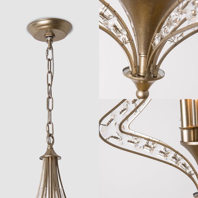 4 Bulbs Tapered Ceiling Chandelier Rustic Crystal Fixture in Brass - Rebooters