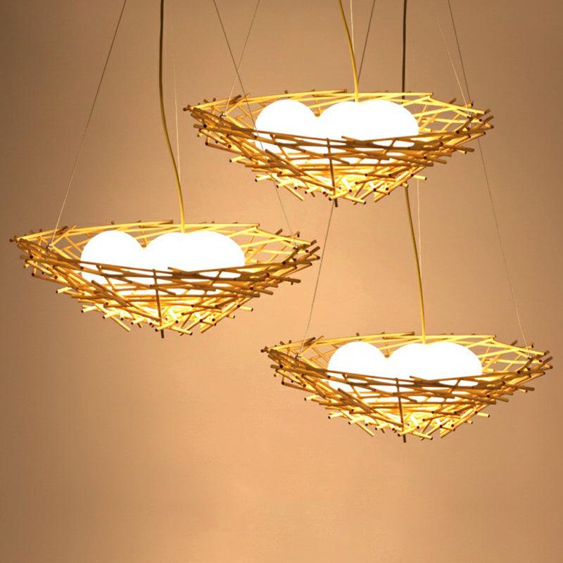 Bamboo Nest Pendant Light Rustic 3-Bulb Chandelier Beige - Rebooters