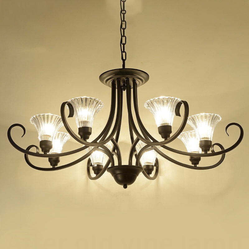 Clear Ribbed Glass Flared Chandelier Retro Parlor Ceiling Pendant Light in Black - Rebooters