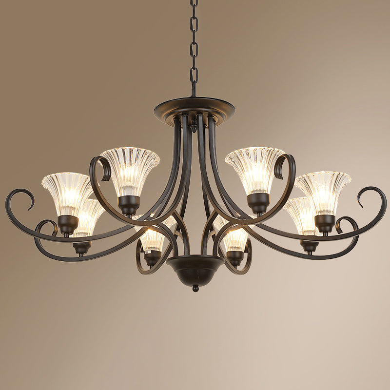 Clear Ribbed Glass Flared Chandelier Retro Parlor Ceiling Pendant Light in Black - Rebooters