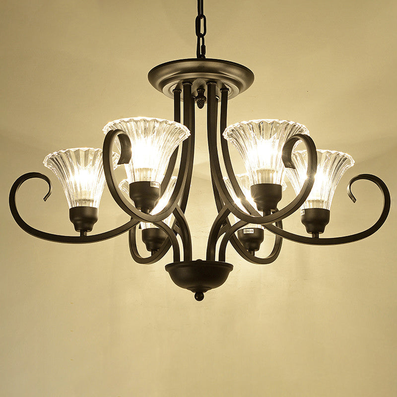 Clear Ribbed Glass Flared Chandelier Retro Parlor Ceiling Pendant Light in Black - Rebooters