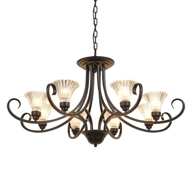 Clear Ribbed Glass Flared Chandelier Retro Parlor Ceiling Pendant Light in Black - Rebooters
