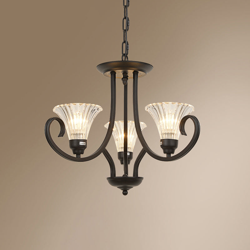 Clear Ribbed Glass Flared Chandelier Retro Parlor Ceiling Pendant Light in Black - Rebooters