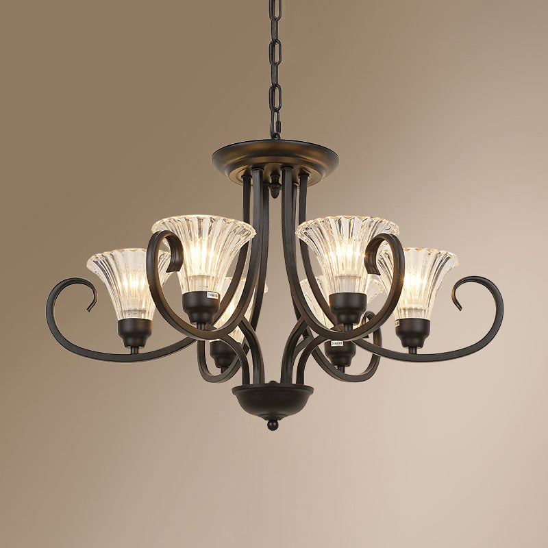 Clear Ribbed Glass Flared Chandelier Retro Parlor Ceiling Pendant Light in Black - Rebooters