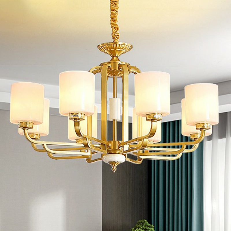 Traditional Cylinder Chandelier Milky Glass Ceiling Light Brass - Rebooters