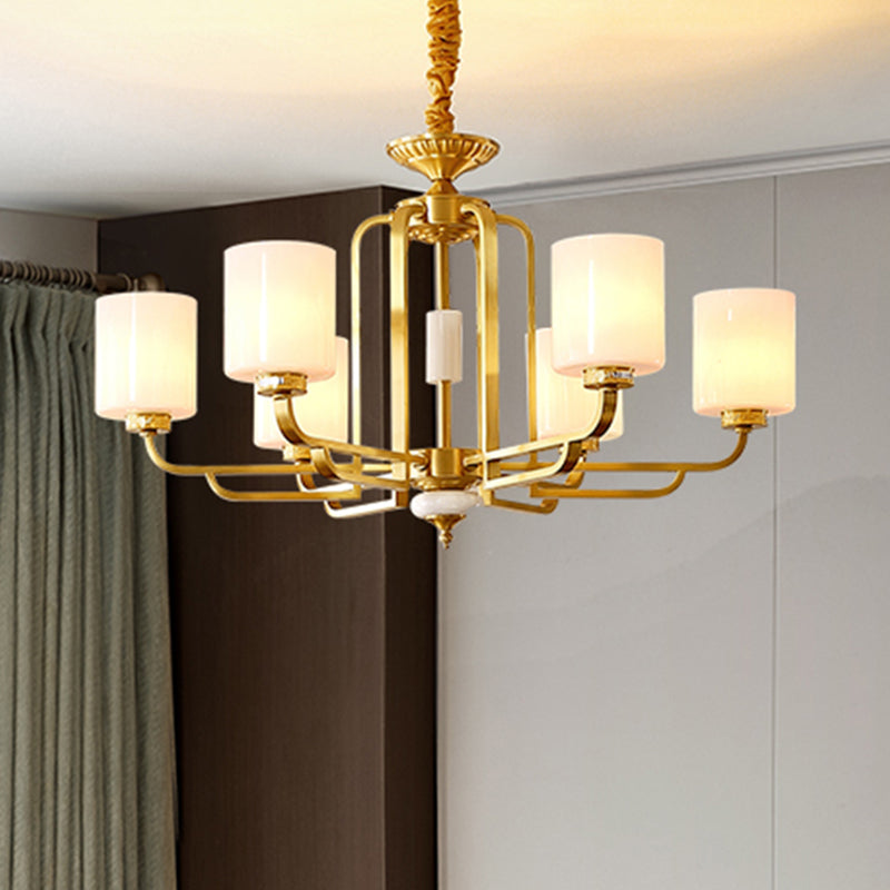 Traditional Cylinder Chandelier Milky Glass Ceiling Light Brass - Rebooters