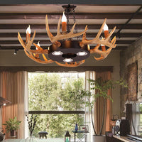 6-Light Antler Chandelier Light Farmhouse Brown Resin Pendant - Rebooters