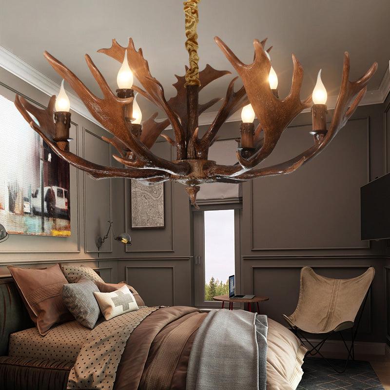 Candle Shape Bedroom Hanging Lamp Traditional Resin 6-Bulb Brown Chandelier Pendant Light with Antler - Rebooters