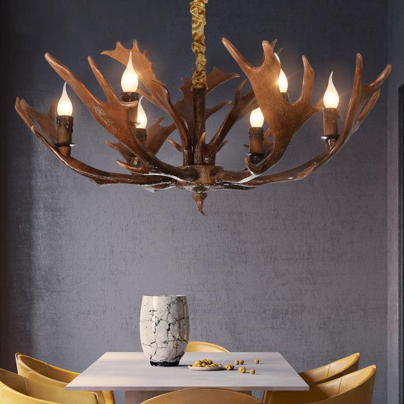 Candle Shape Bedroom Hanging Lamp Traditional Resin 6-Bulb Brown Chandelier Pendant Light with Antler - Rebooters
