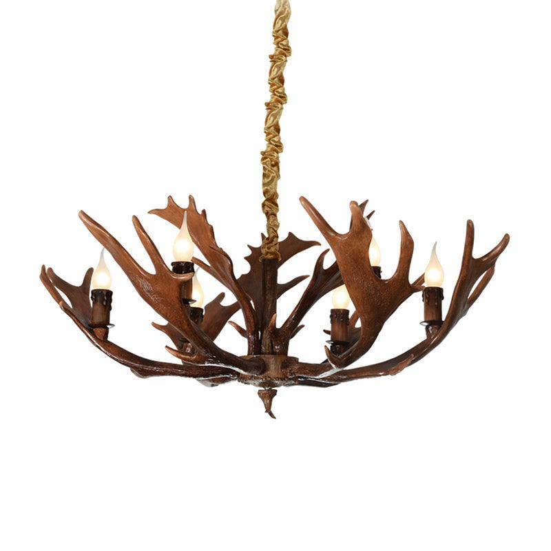 Candle Shape Bedroom Hanging Lamp Traditional Resin 6-Bulb Brown Chandelier Pendant Light with Antler - Rebooters