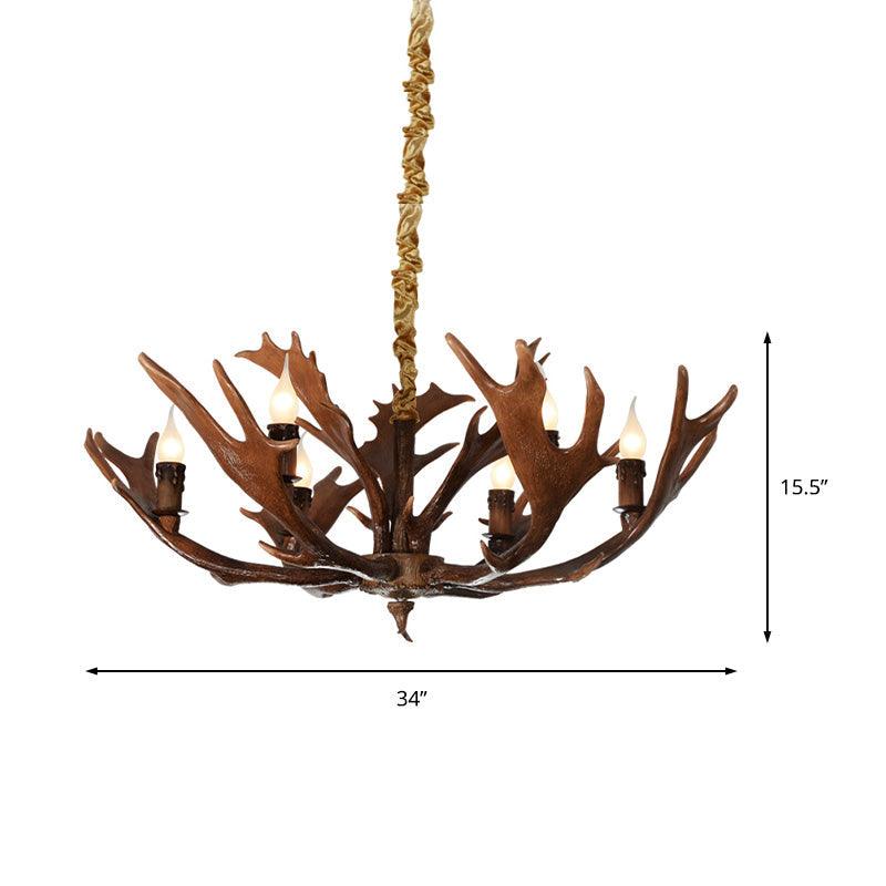 Candle Shape Bedroom Hanging Lamp Traditional Resin 6-Bulb Brown Chandelier Pendant Light with Antler - Rebooters