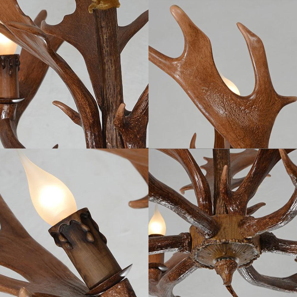 Candle Shape Bedroom Hanging Lamp Traditional Resin 6-Bulb Brown Chandelier Pendant Light with Antler - Rebooters
