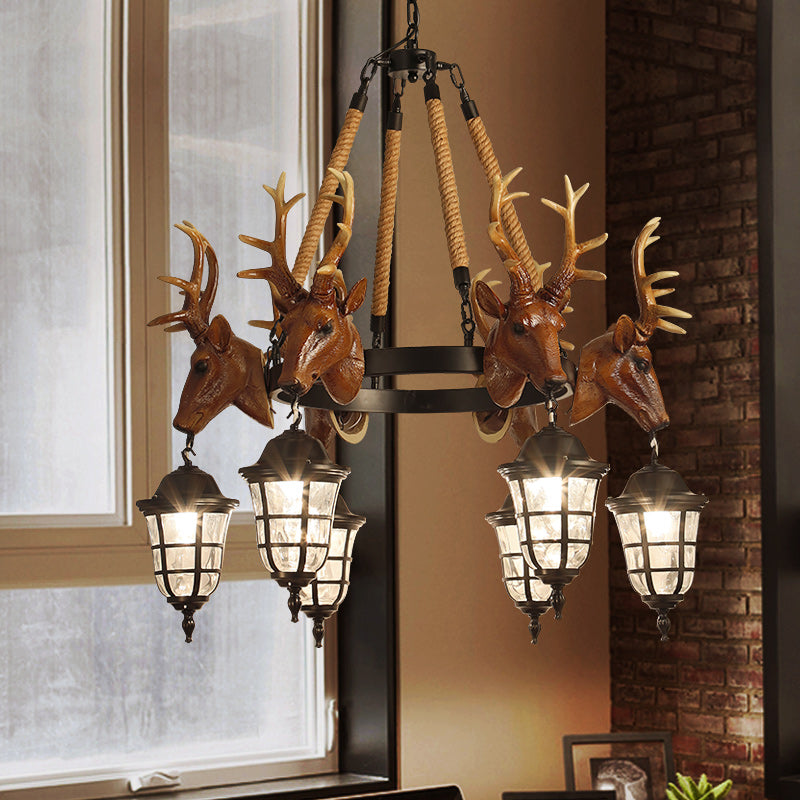 Traditional Wagon Wheel Hanging Lamp 6 Bulbs Resin Chandelier Light Fixture with Deer Head - Rebooters