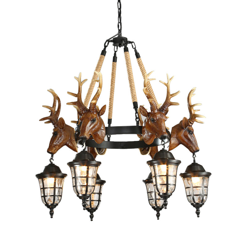 Traditional Wagon Wheel Hanging Lamp 6 Bulbs Resin Chandelier Light Fixture with Deer Head - Rebooters