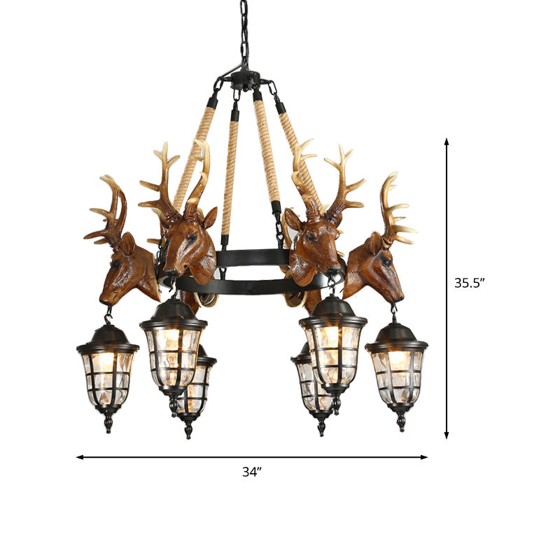 Traditional Wagon Wheel Hanging Lamp 6 Bulbs Resin Chandelier Light Fixture with Deer Head - Rebooters