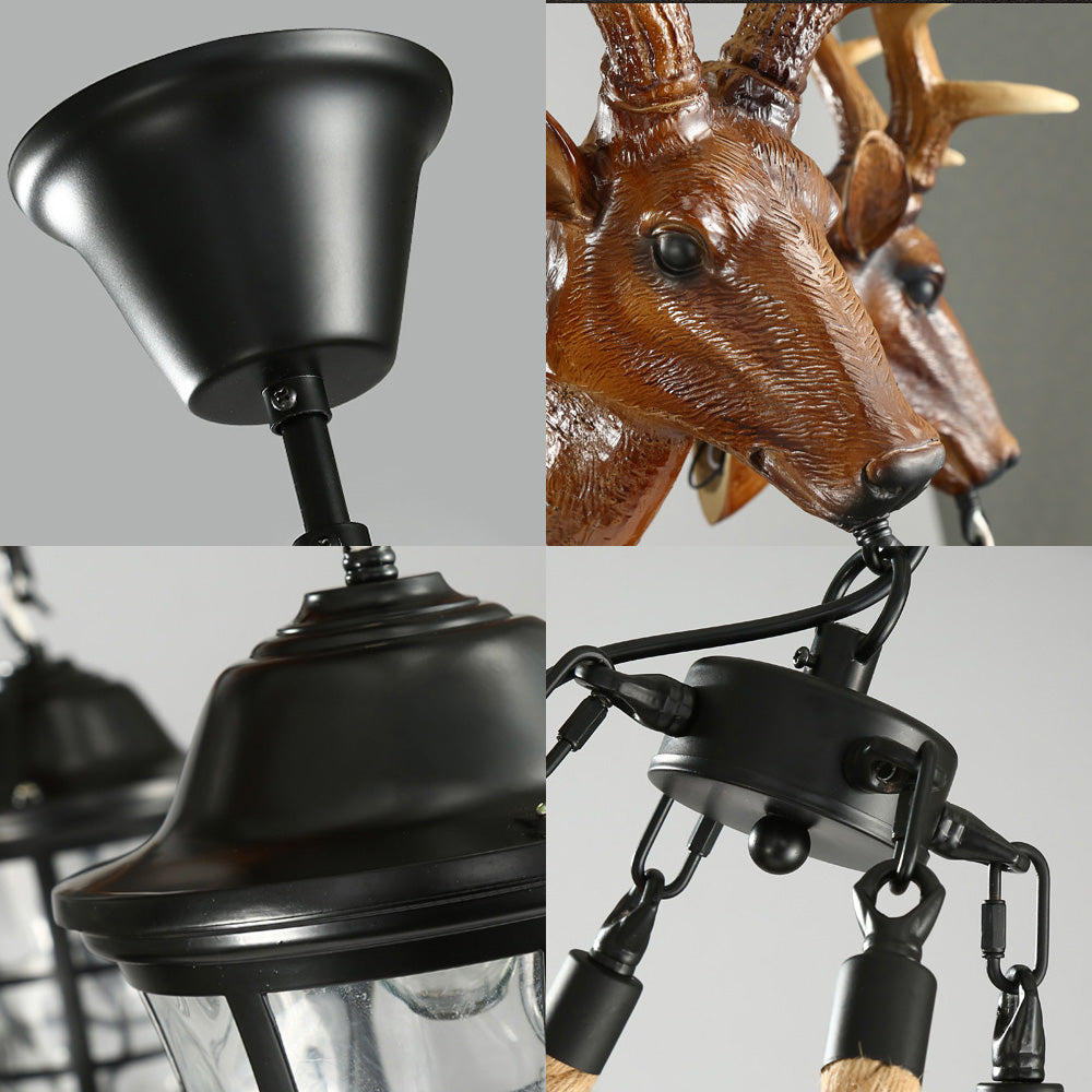 Traditional Wagon Wheel Hanging Lamp 6 Bulbs Resin Chandelier Light Fixture with Deer Head - Rebooters