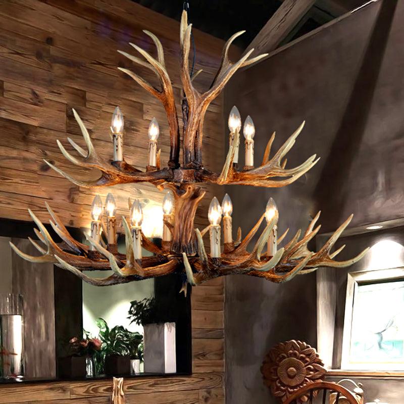 2-Tier Hanging Lamp Rustic Resin 12/15 Bulbs Brown Chandelier - Rebooters