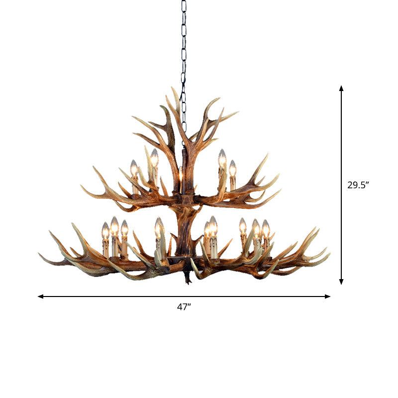 2-Tier Hanging Lamp Rustic Resin 12/15 Bulbs Brown Chandelier - Rebooters