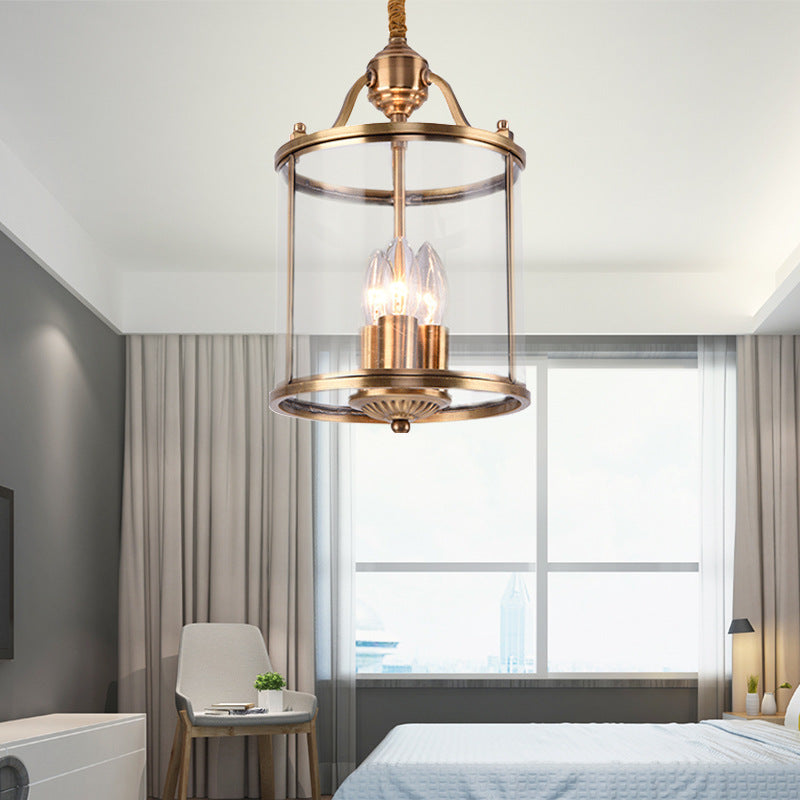 8/18 Inch Wide Cylindrical Chandelier Lighting Colonial Clear Glass Brass 3/7 Bulbs Hanging Ceiling Light - Rebooters