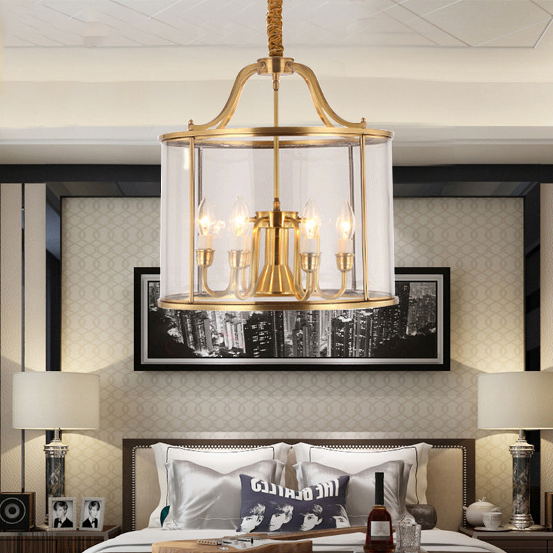 8/18 Inch Wide Cylindrical Chandelier Lighting Colonial Clear Glass Brass 3/7 Bulbs Hanging Ceiling Light - Rebooters