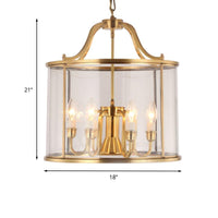 8/18 Inch Wide Cylindrical Chandelier Lighting Colonial Clear Glass Brass 3/7 Bulbs Hanging Ceiling Light - Rebooters