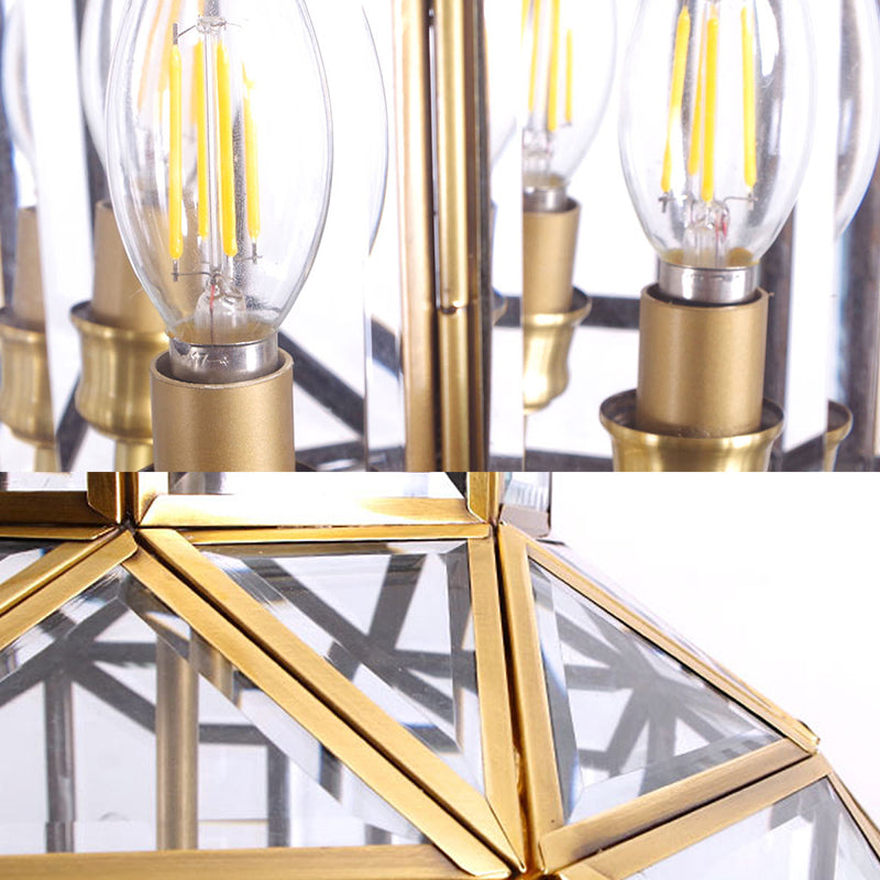 Lantern Chandelier Light Contemporary Clear Glass 4 Heads Brass Hanging Lamp - Rebooters