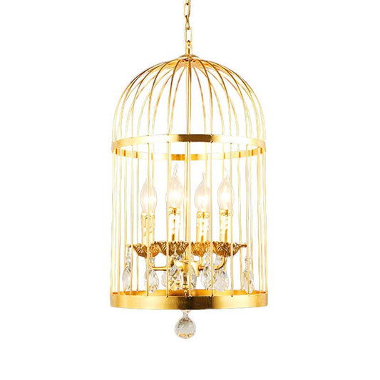 4 Bulbs Bird Cage Ceiling Chandelier in Gold with Crystal Drop - Rebooters