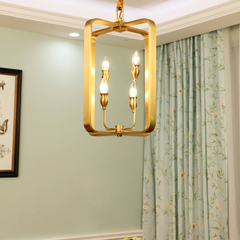 Colonial Round Square Hanging Chandelier 4 Bulbs Gold Light - Rebooters
