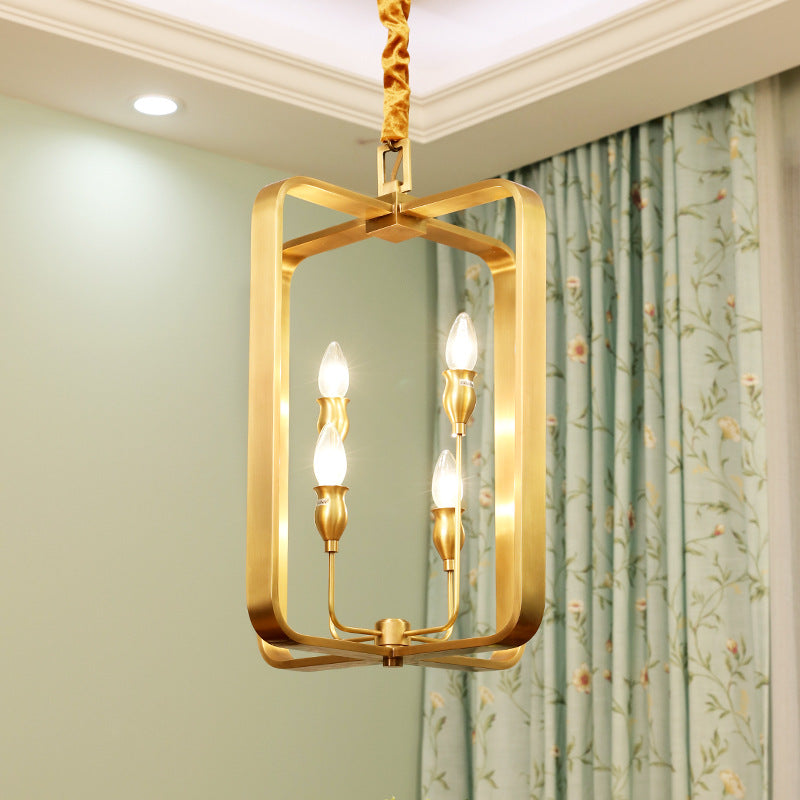 Colonial Round Square Hanging Chandelier 4 Bulbs Gold Light - Rebooters