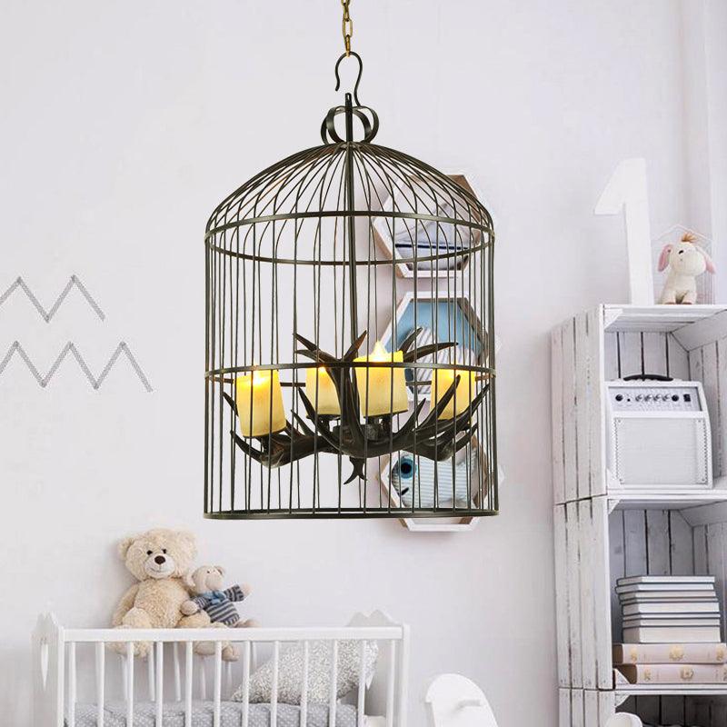4 Lights Metal Chandelier Lamp Rustic Black Birdcage Pendant - Rebooters