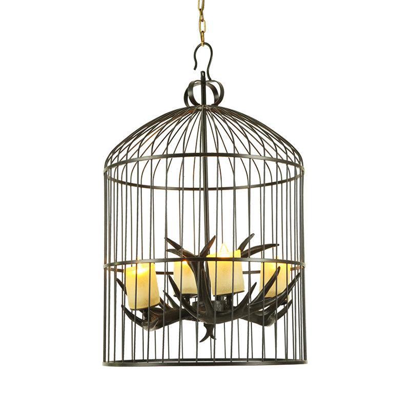 4 Lights Metal Chandelier Lamp Rustic Black Birdcage Pendant - Rebooters