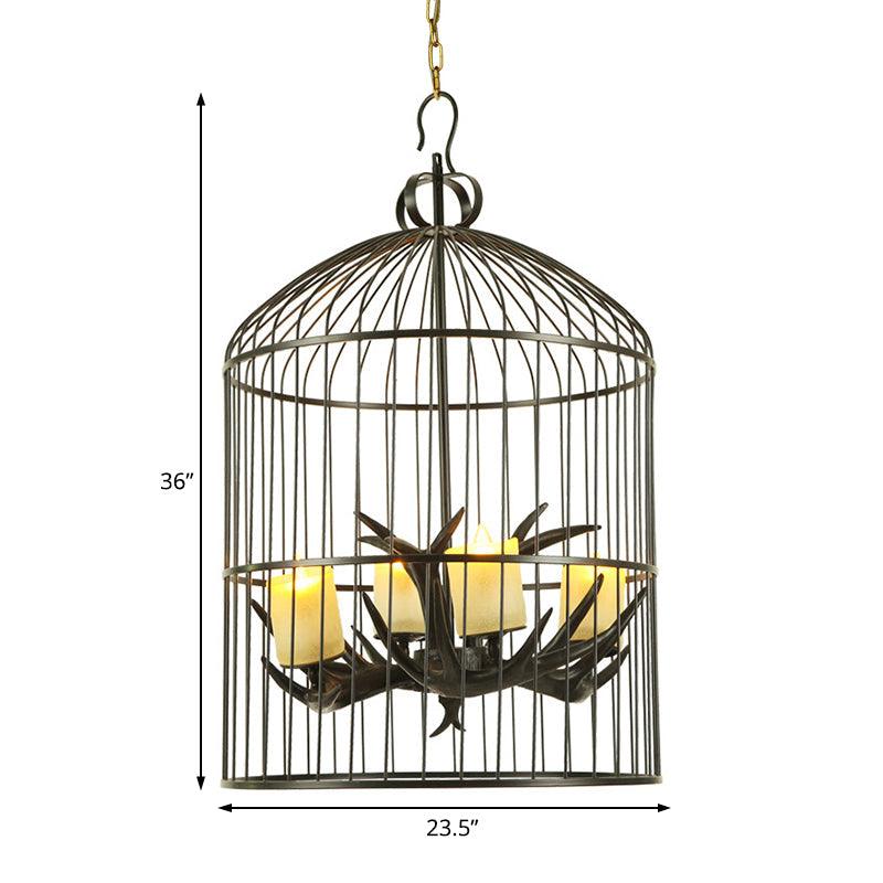4 Lights Metal Chandelier Lamp Rustic Black Birdcage Pendant - Rebooters