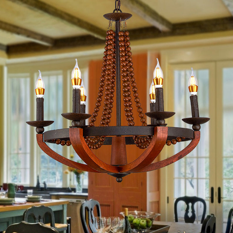 Rustic Candle Hanging Pendant 6 Lights Wooden Ceiling Chandelier in Red - Rebooters