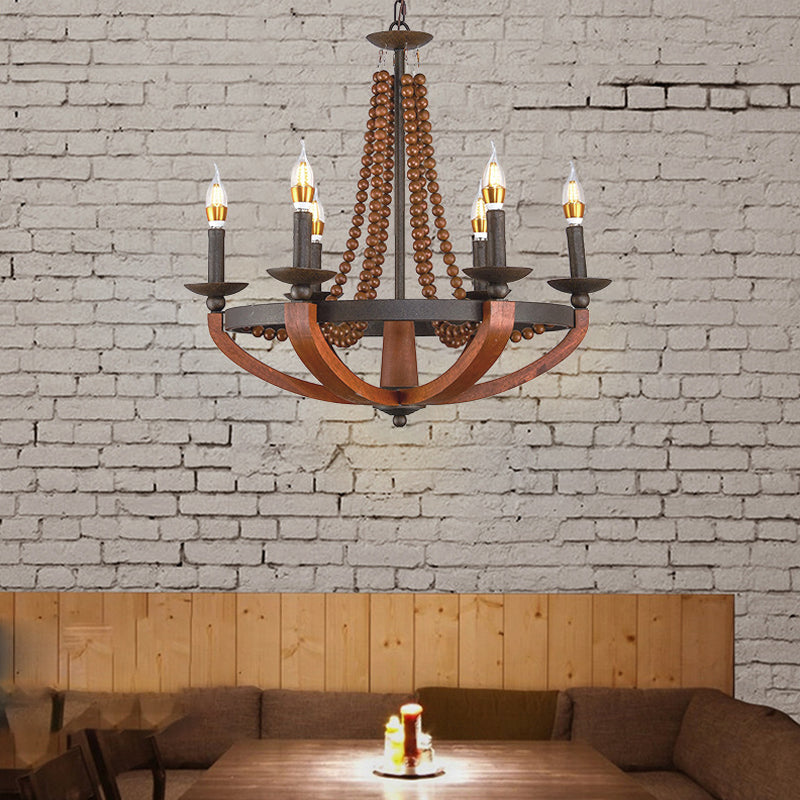 Rustic Candle Hanging Pendant 6 Lights Wooden Ceiling Chandelier in Red - Rebooters