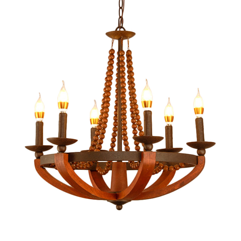 Rustic Candle Hanging Pendant 6 Lights Wooden Ceiling Chandelier in Red - Rebooters