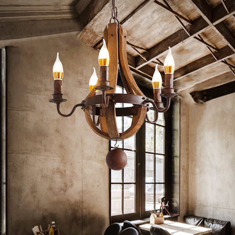 Rust 5 Lights Chandelier Lighting Rustic Wooden Basket Lamp - Rebooters