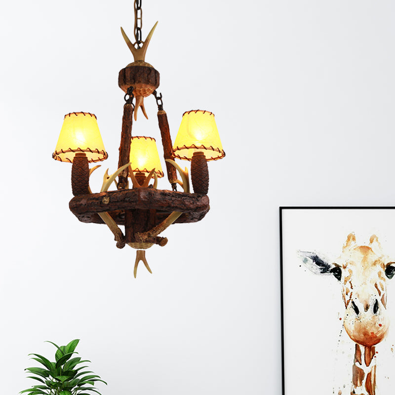 Brown Cone Pendant Chandelier Farmhouse Fabric 3-Head Light - Rebooters