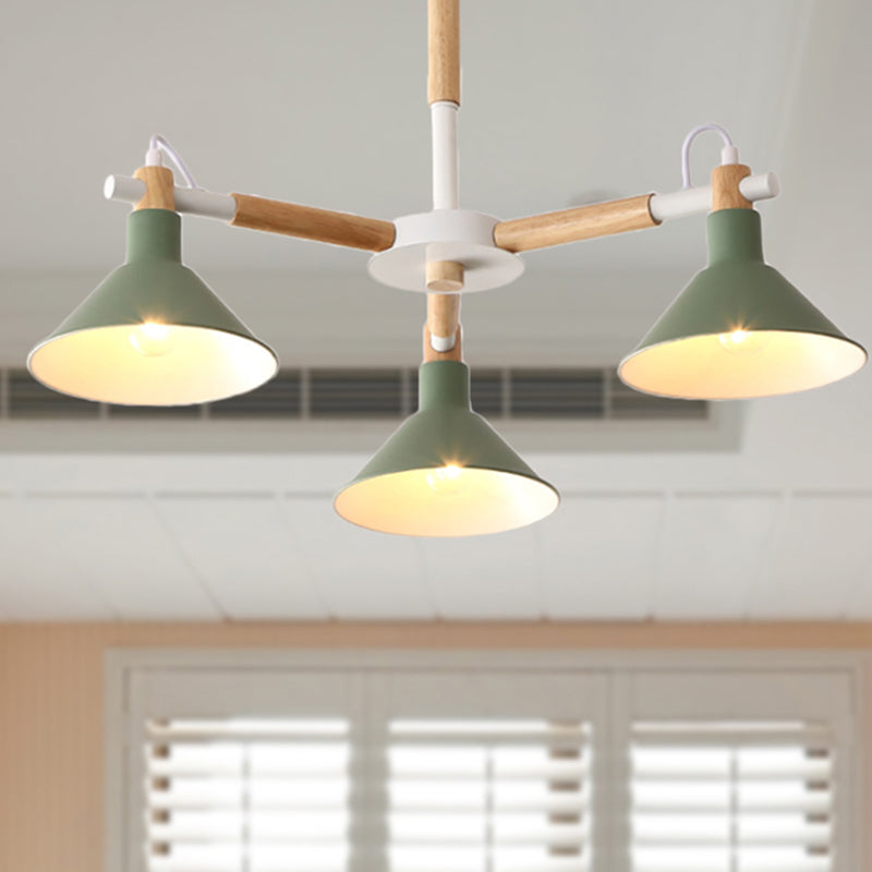 Macaroon Horn Shape Pendant Lights 3 Bulbs Metal Wooden Fixture - Rebooters