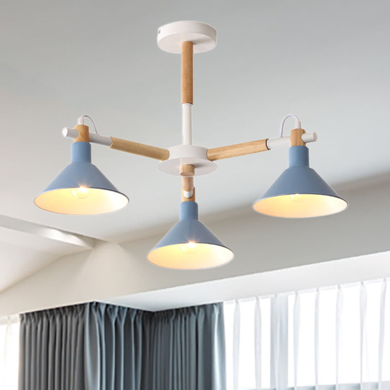 Macaroon Horn Shape Pendant Lights 3 Bulbs Metal Wooden Fixture - Rebooters