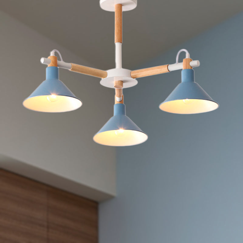 Macaroon Horn Shape Pendant Lights 3 Bulbs Metal Wooden Fixture - Rebooters